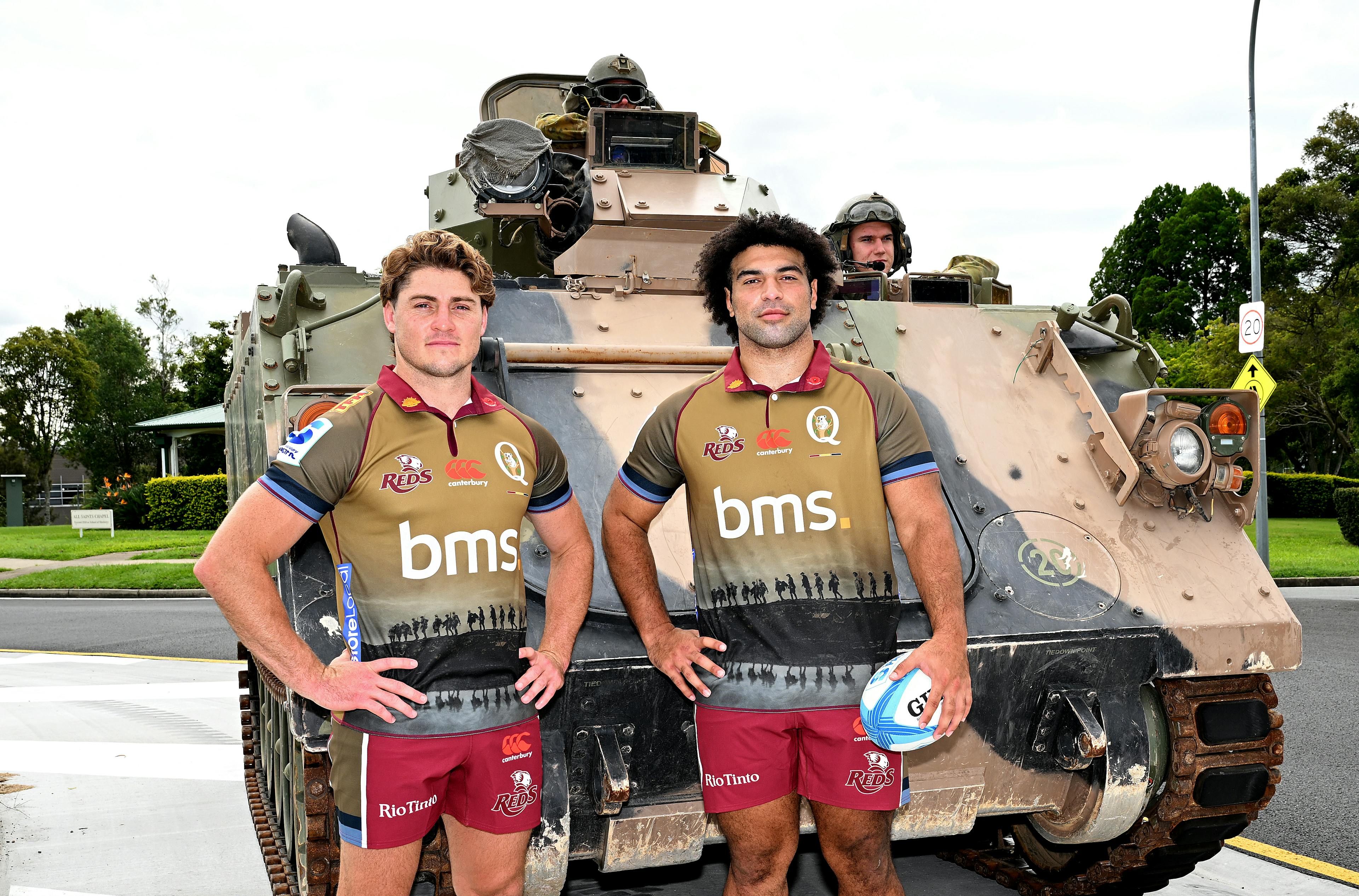 James O'Connor and Zane Nonggorr launch the 2024 Queensland Reds Anzac Jersey. Picture: Getty